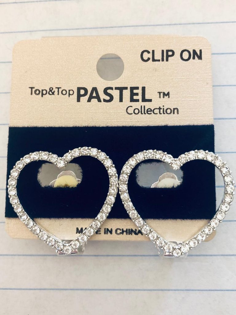 Crystal Heart Earrings - Clip-On - Lightweight - Open Hearts - Rhinestones